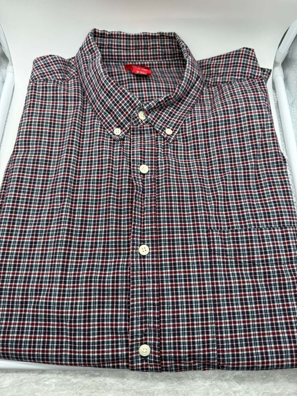 Mossimo Men's Red, Navy, and White Plaid Long Sleeve Button-Down Shirt Size XL